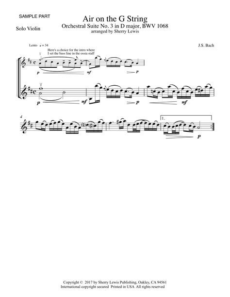 Air On The G String For Solo Violin Intermediate Level Sheet Music Js Bach Violin Solo