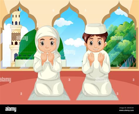 Arab Muslim Boy And Girl Praying In Traditional Clothing In Mosque