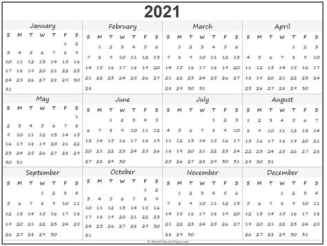 2021 Blank Yearly Calendar Full Page For Adult Free Printable