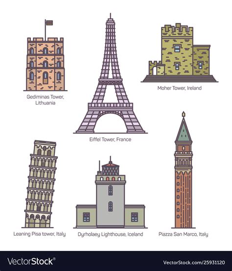 European Landmarks With Towers In Thin Line Vector Image