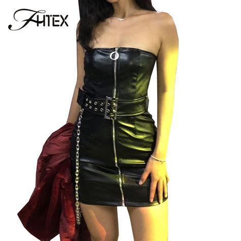 Fhtex Black Pu Leather Bodycon Dress Front Zip Slim Fit Casual Dress