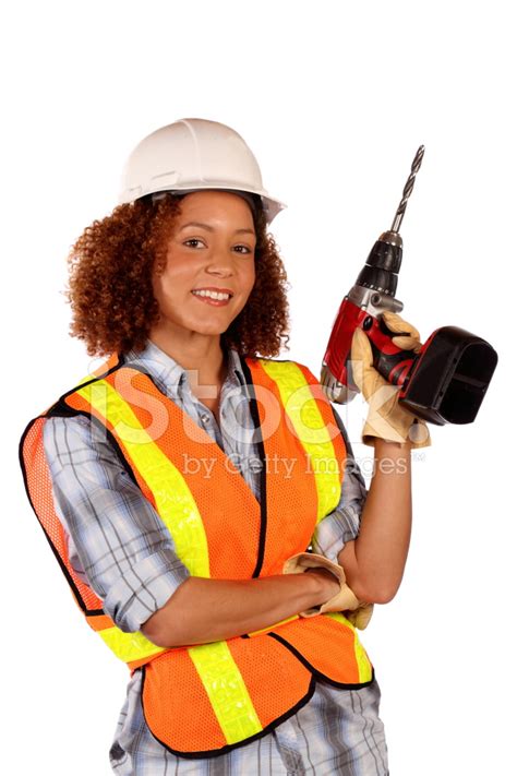 African American Construction Worker With Drill Vertical Stock Photo