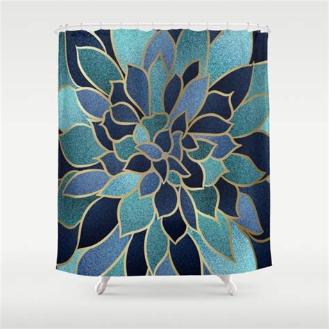 Art Designs Floral Prints Navy Blue Teal And Gold Shower Curtain By