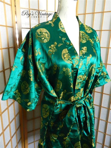 Vintage Green Asian Japanese Kimono Oriental Dragon Brocade Print