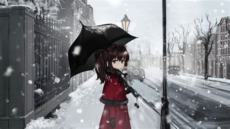 Wallpaper Anime Girl Snow Umbrella Wallpapermaiden