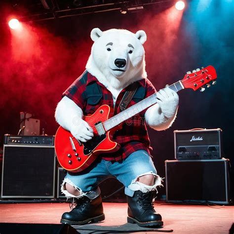 A Cool Antropomorphic Polar Bear Playing A Red Guitar Ai Generated