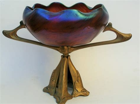 Antique Art Nouveau Loetz Style Iridescent Glass Bowl With Stand