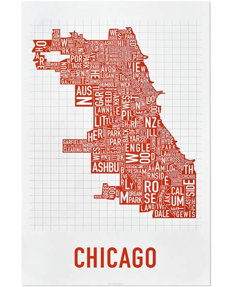 Chicago Neighborhood Map 24 X 36 Spicy Red Poster
