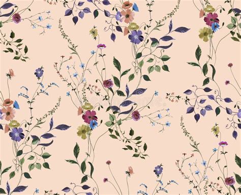 Seamless Watercolor Flowers With Leaves Spring Pattern On Beige