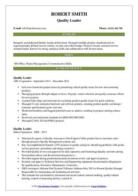 The layout is clean and easy to read. Quality Leader Resume Samples | QwikResume