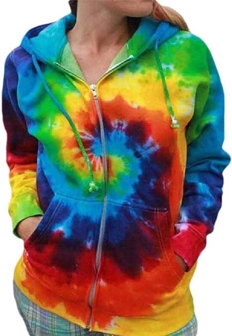 Womens Hoodie Rainbow Print Pocket Zip Up Drawstring Sweatshirt Jacket