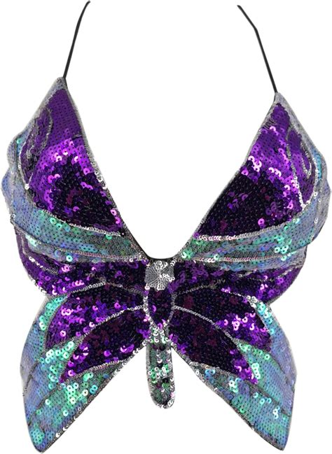 Dghisre Womens Sexy Butterfly Sequin Halter Crop Tops Backless