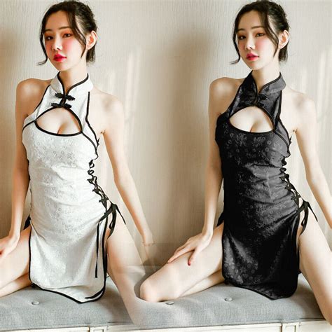 sexy hollow out lace up cheongsam open chest lady retro strappy dress lingerie ebay