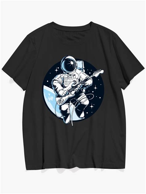 Off Playing Guitar Astronaut Print Graphic Tee In Black Zaful