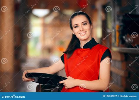 Smiling Waitress Holding Tray In A Restaurant Stock Image Image Of Cafacopy Food 124330727