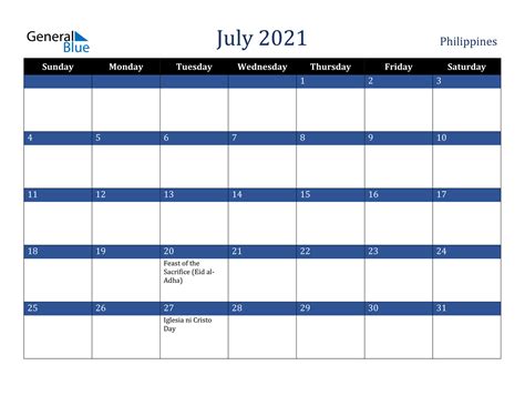 Every day in july is attached to some special celebrations, holidays, festivals, and special observations. Philippines July 2021 Calendar with Holidays
