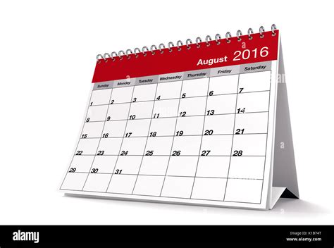 2016 August Page Of A Desktop Calendar Is On Isolated White Background