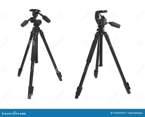 Modern Tripods With Professional Cameras On White Background Stock
