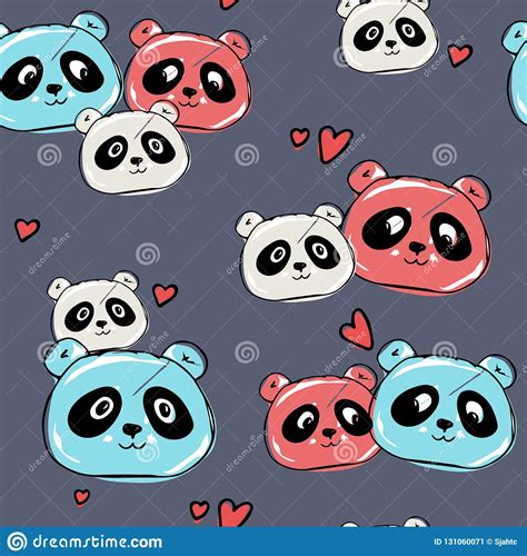 Cute Panda Seamless Pattern Hand Drawn On Blue Background With Hearts