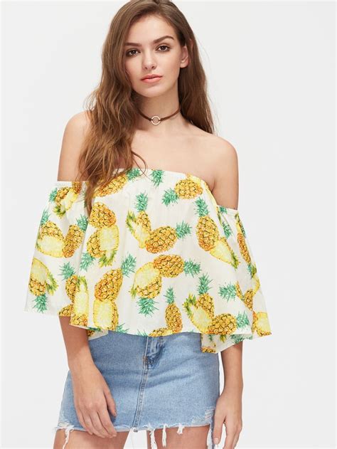 Shop Pineapple Print Off Shoulder Top Online Shein Offers Pineapple