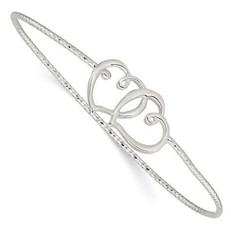Sterling Silver Diamond Cut Double Heart Interlocking Bangle Bracelet