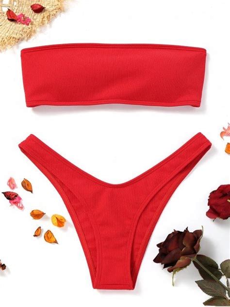 Shop For High Cut Ribbed Bandeau Bikini Set Red Bikinis S At Zaful
