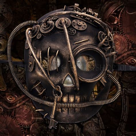 Skull Steampunk Gears Masquerade Mask Black Gold