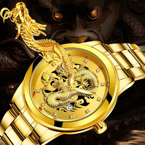 Mens Watches Top Brand Luxury Waterproof Mens Gold Dragon Sculpture