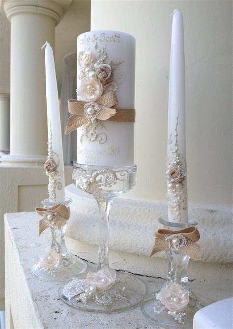 Rustic Chic Wedding Unity Candle Set 3 Candles And 3 Glass