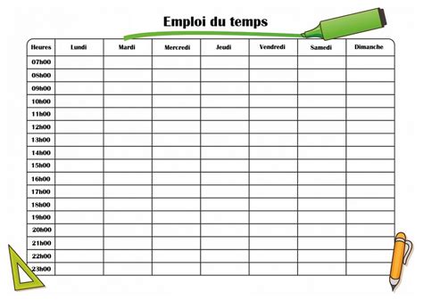 Emploi Du Temps Pour école à Imprimer Compléter Pour Inscrire Les Cours