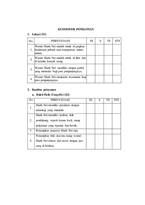 Contoh Kuesioner Kualitas Pelayanan