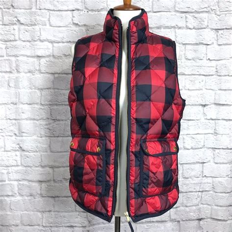 J Crew Excursion Quilted Down Vest In Buffalo Check Red Plaid Sz M