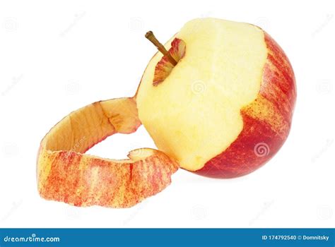 Red Apple With Peeled Skin Isolated On White Background Stock Photo