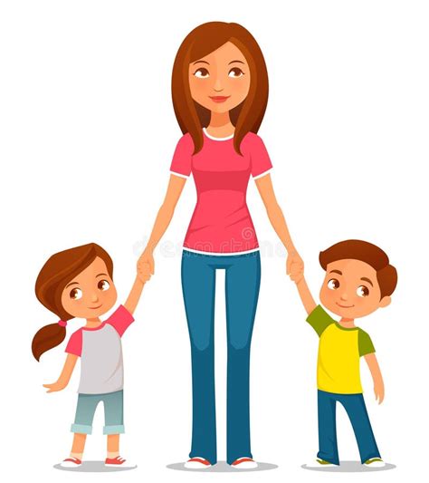 Cartoon Illustration Of Mother With Two Kids Stock Vector Image 56340124