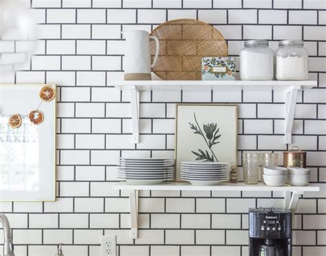 Open Kitchen Shelving With White Subway Tile And Charcoal Grout Home