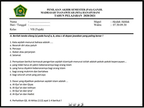 √ √ Unduh Contoh Soal PAS Akidah Akhlak Kelas 7 MTs Semester 1 Sesuai