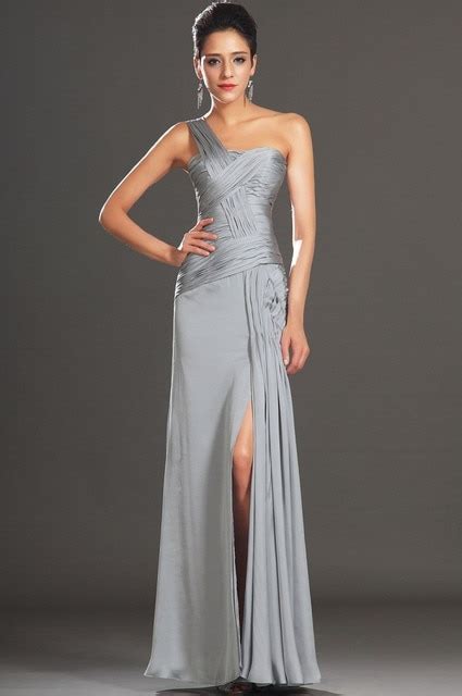 Sexy Women Formal Dress Silver Grey Pleated One Shoulder High Slit