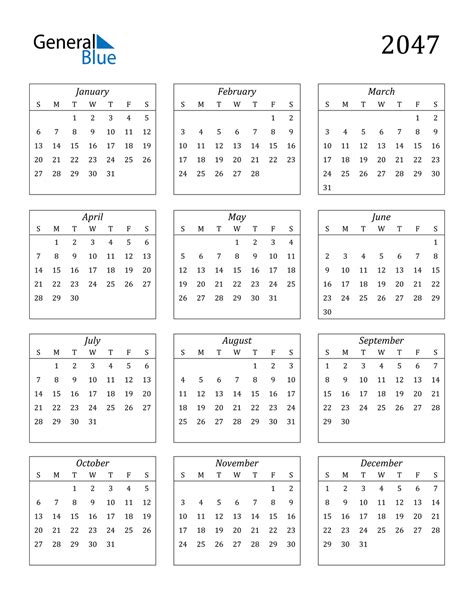 2047 Calendar Pdf Word Excel