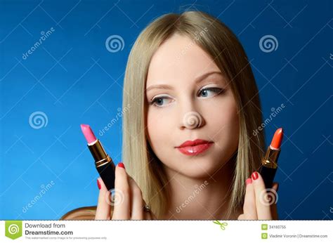 The Beautiful Girl With Lipsticks In Hands Stock Image Image Of Fashion Background 34160755