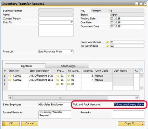 Pick And Pack Remarks In Inventory Transfer Request Sap Business One