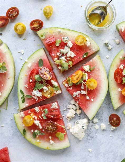 Watermelon Wedges Topped With Blue Cheese Cherry Tomatoes Spicy