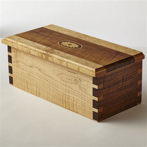 curly walnut and curly maple box with dovetail joints and inlaid wood medallion wooden box
