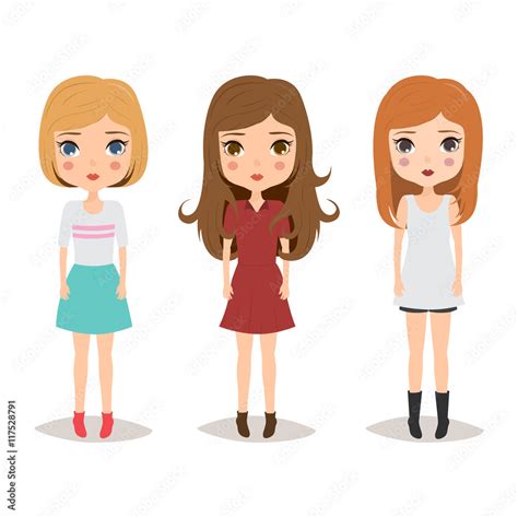 Cute Cartoon Teenage Girls In Casual Fashion Stock Vector Adobe Stock