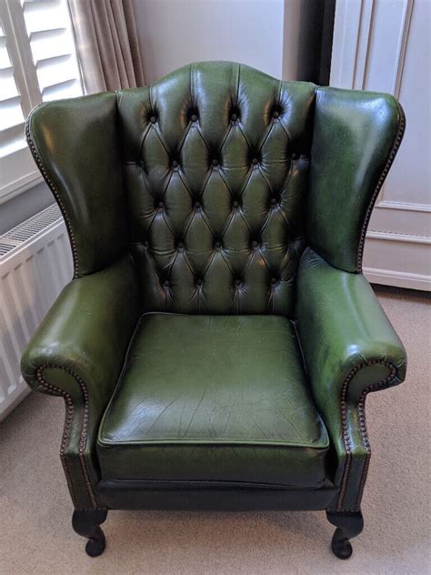 Green Leather Chesterfield Chair Wing Back Armchair In Lewisham
