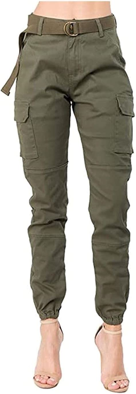 Np Womens High Waist Cargo Solid Color Pants With Matching Belt