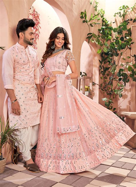 Peach Couple Twinning Wedding Special Combo Indian Heavy Anarkali Lehenga Gowns Sharara Sarees