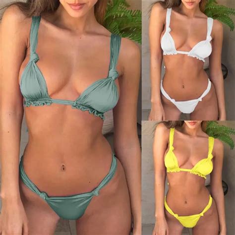 Sexy Swimwear Women Tie Solid Bandage Bikini Set Wrapped Swimsuit Push