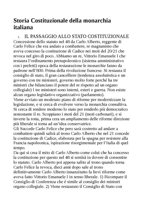 Storia Della Monarchia Costituzionale Italiana Docsity