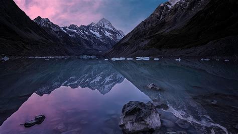 デスクトップ壁紙 1600x900ピクセル 雲 氷 湖 風景 自然 ニュージーランド 反射 雪の山 日の出 水