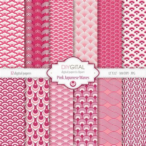 pink japanese waves digital paper pack
